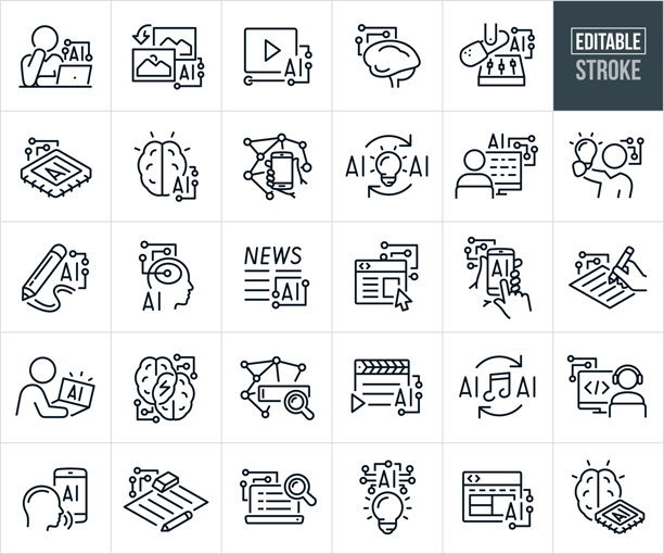 生成性人工智能细线图标 - 可编辑的线条 - 图标包括机器学习、使用人工智能生成照片和视频、使用人工智能的音乐和录音、网站设计、计算机编程、自动化图片下载