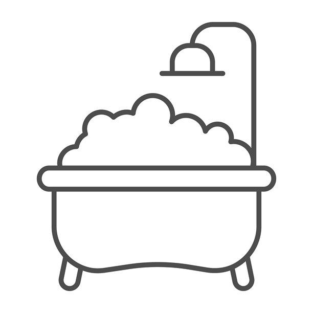 浴缸与肥皂泡沫和水龙头的细线图标，身体卫生概念。矢量图形。白色背景上的浴缸、淋浴标志，适用于移动或网页设计的轮廓风格图标。图片下载