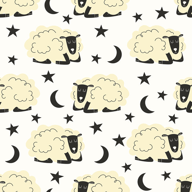 无缝可爱的儿童图案，背景为白色，包含睡觉的羊、星星和月亮。可爱的平面风格夜间设计，完美适用于婴儿纺织品、育儿印刷品和睡前主题项目。图片下载