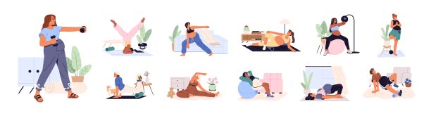 怀孕女孩的训练集。准妈妈们在锻炼时进行运动、拉伸和体操练习。孕期女性的普拉提。白色背景上的平面孤立矢量插图。图片下载