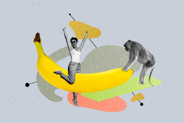 创意照片拼贴，快乐的女孩和男孩站在香蕉水果上，骑着排毒营养的黑猩猩动物，猴子，动物园。图片下载