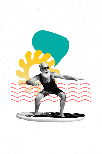 海滩度假村的老年男子佩戴太阳镜，站在冲浪板上保持平衡，进行3D照片拼贴的海报趋势草图，游客交流信息。图片下载