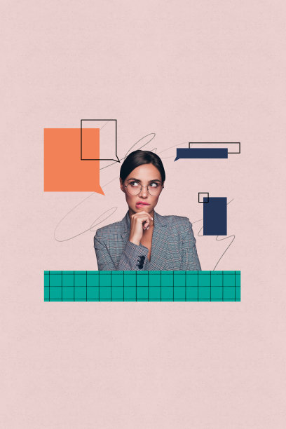 艺术图像，垂直照片拼贴，思考决策的女孩，色彩丰富的沟通图标，气泡对话，信息交流。图片下载
