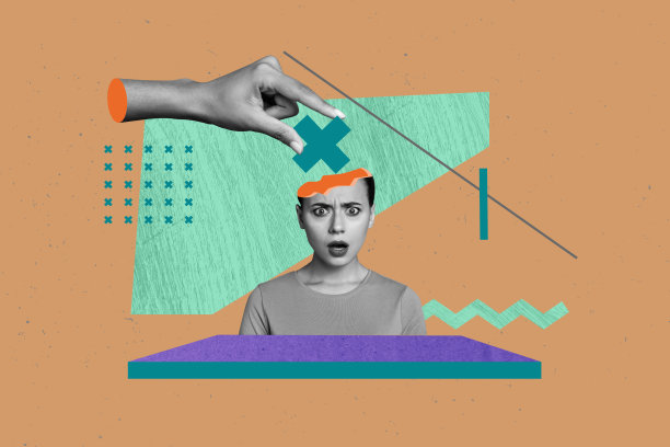 当代艺术拼贴画，困惑女孩的剪影头像，手持加号，治疗健康、偏头痛、欺凌和压力。图片下载