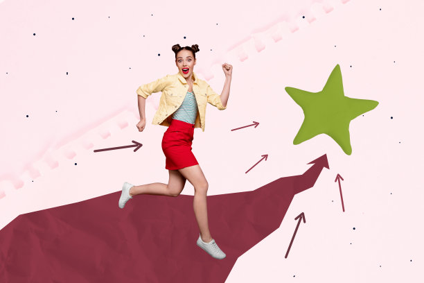 快乐的商人和商女人站在箭头发展、星星评价和最佳标记成就的创意照片拼贴艺术图像图片下载