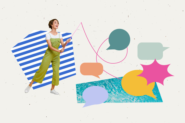 快乐女孩在夏天的河边拿着钓鱼竿，捕捉气泡进行交流的独特杂志图片拼贴画图片下载