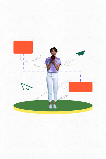 快乐女孩用扩音器大声宣传信息的全3D照片拼贴，展示飞机图标和飞行算法开发进展。图片下载