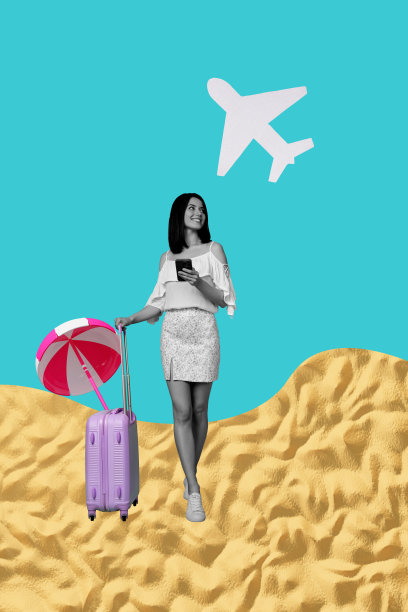 3D时尚照片拼贴，快乐的女孩乘客手持行李箱和手机，走在沙滩上，飞机离开夏季度假村。图片下载