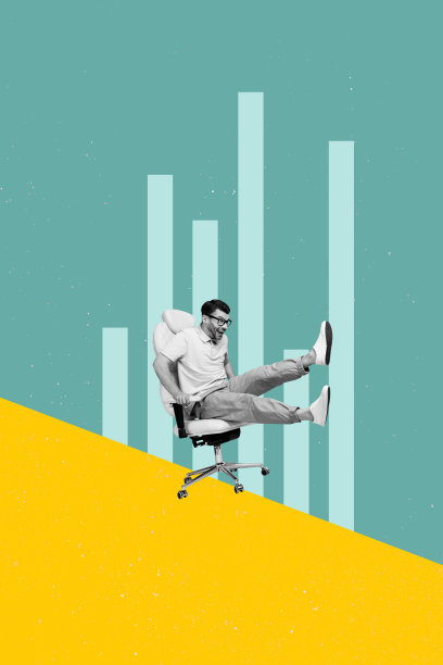 海报草图图像艺术作品，3D照片拼贴，年轻男子微笑坐在扶手椅上，幽默地分析商业目标和成功的人力资源。图片下载