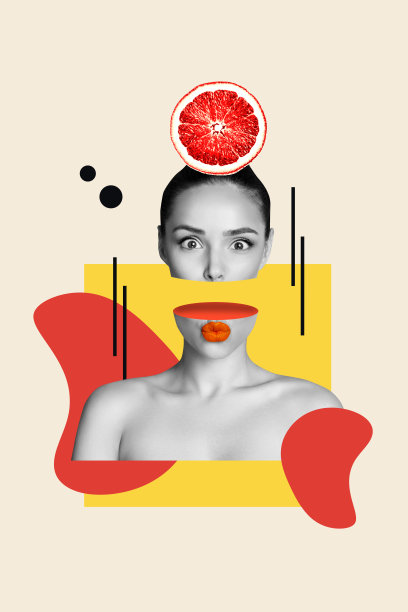 当代肖像女性面孔的复合素描3D照片拼贴，包含想象、幻觉，切割、亲吻、握持橙子水果。图片下载