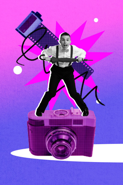 快乐的绅士手持雨伞，站在复古相机前拍摄的海报艺术横幅拼贴画，摄影师工具照片集图片下载