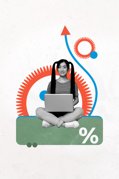 年轻女性在工作笔记本电脑前的3D照片拼贴模板趋势艺术作品草图，包含齿轮机制、商业统计、目标图表和图形。图片下载