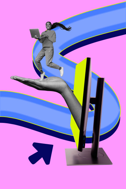 时尚海报杂志风格的照片拼贴，展示快乐的女商人与电脑显示器、手、笔记本电脑和光标箭头，象征职业发展与成长。图片下载