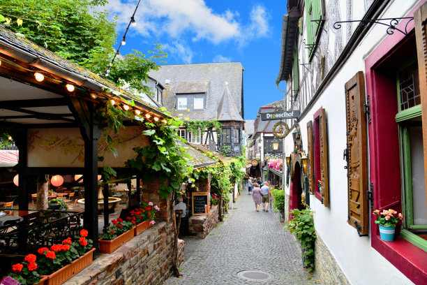 德国吕德斯海姆 - 2025年6月15日：照片展示了吕德斯海姆的德罗斯尔巷。这是这个小镇上最著名的街道。图片下载