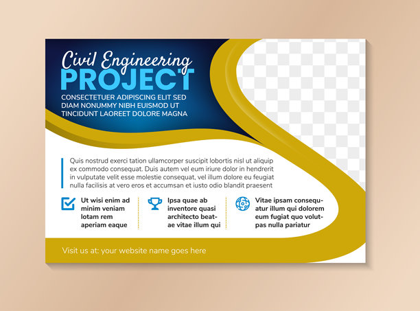 横向布局的抽象海报横幅设计模板集合，标题为“土木工程项目”，背景为棕色和白色的组合，留有照片拼贴的空间。图片下载