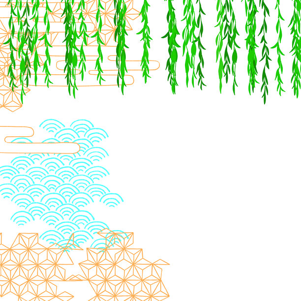 金色背景上的柳树设计的日本风格背景素材图片下载