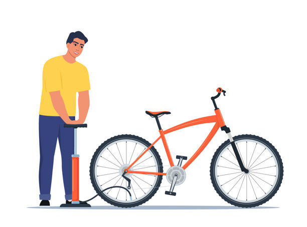 男子在给自行车轮胎充气。破损的轮胎需要修理。自行车修理。矢量概念插图。图片下载