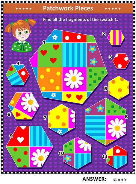 拼布或拼接主题的智力训练视觉拼图（适合儿童和成人）：找到图片的所有碎片 1. 答案已包含。图片下载