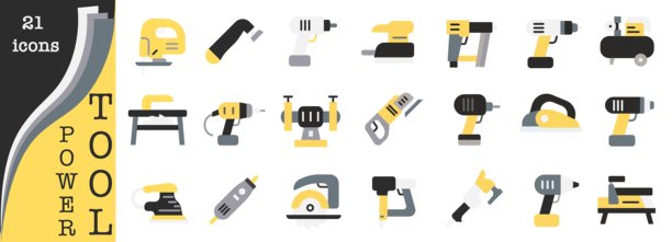 电动工具彩色图标集 21 张图片。现代扁平风格，使用黄色、黑色和灰色。图片下载