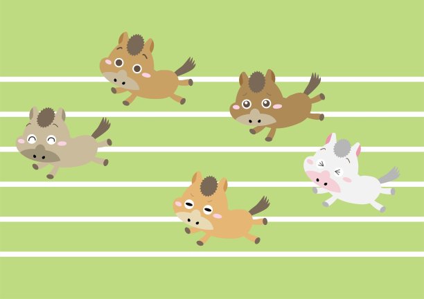 可爱的马角色在绿色跑道上竞赛，象征着生肖、活力和友好的竞争 / 插图素材（矢量插图）图片下载