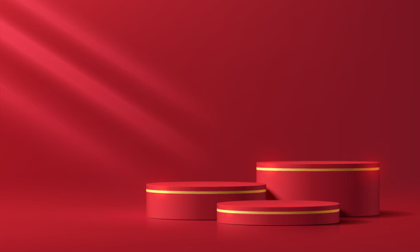 红色圆形产品展台3D背景，留有空白空间。中国风，圣诞主题。抽象构图，极简设计。工作室展示厅展台，时尚舞台展示模型场景。图片下载