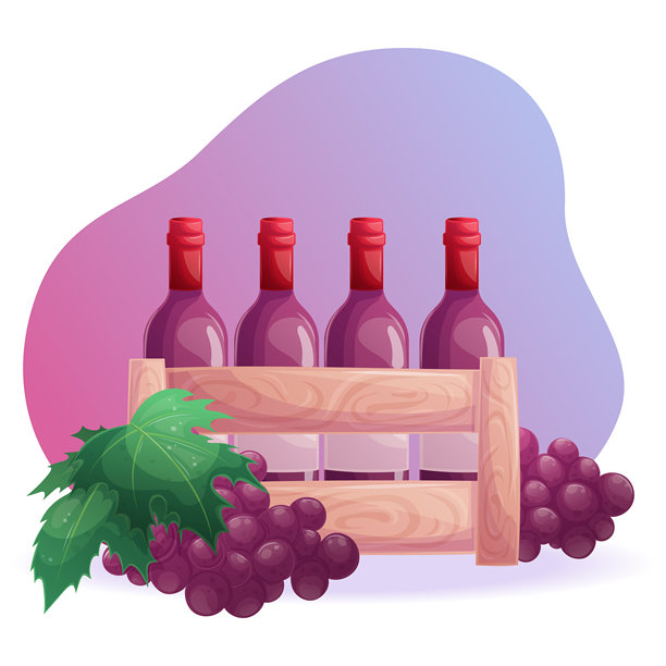 装有红酒瓶、葡萄和葡萄叶的木箱，背景为粉色和蓝色。这是一个关于葡萄园和餐厅的概念。适用于海报、横幅和网页的独立矢量插图。图片下载