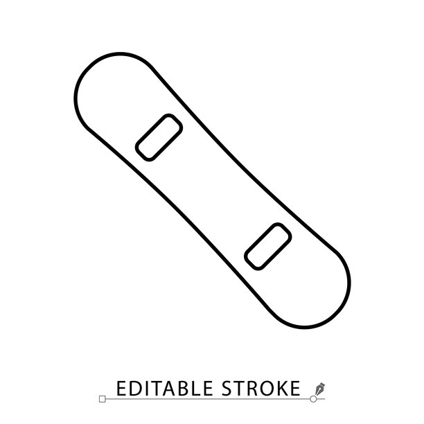 极简风格的滑雪板图标，带可编辑的轮廓。冬季运动装备，山地器材，雪地滑行物品，极限运动元素，高山活动，自由式滑板，轮廓设计，扁平形状。图片下载