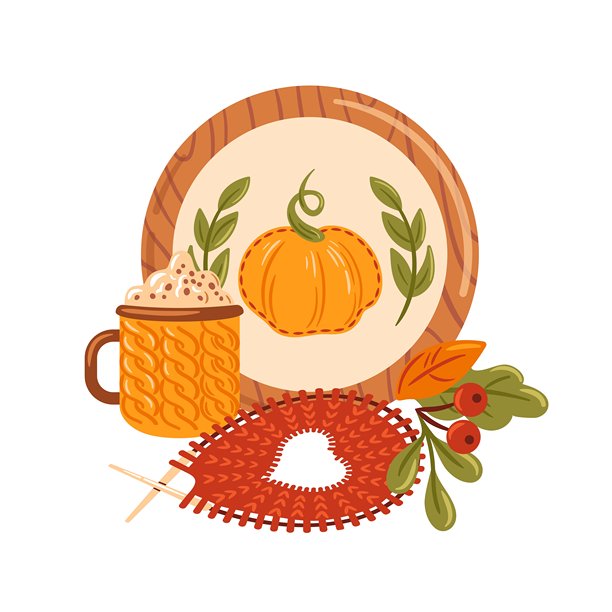 一幅迷人的矢量插图，展示了一杯温暖的热巧克力，周围环绕着编织和刺绣，呈现圆形框架。秋天的树叶和浆果增添了季节感，唤起温暖的氛围。图片下载