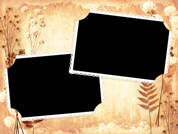 复古相册页面，带有复古相框。背景为旧的空白照片，纸质纹理上有干燥的压制叶子和花朵。怀旧的剪贴风格。模版设计，留有文本空白。图片下载