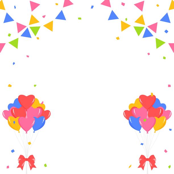 心形气球、彩旗、派对旗帜、五彩纸屑装饰框、背景素材、正方形尺寸图片下载