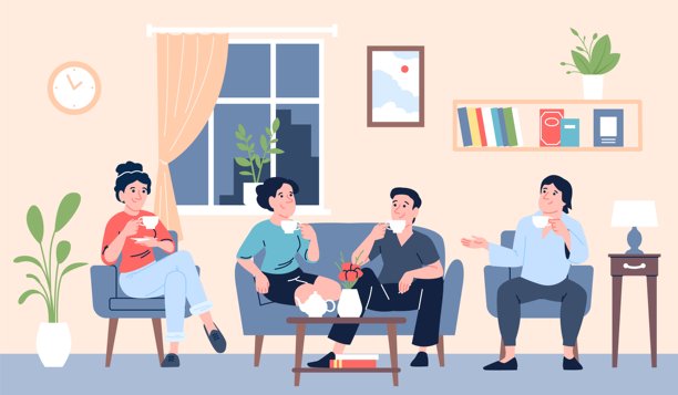 朋友们在喝咖啡。情侣在家见面，友谊与关系。年轻人在客厅喝酒聊天，最近的矢量场景。图片下载