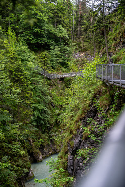 冒险峡谷步道：郁郁葱葱的森林峡谷与蜿蜒的河流及现代钢铁小径 – 自然探索库存照片图片下载