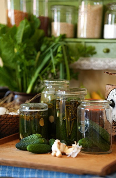 美丽的家庭冬季腌制黄瓜照片。图片下载