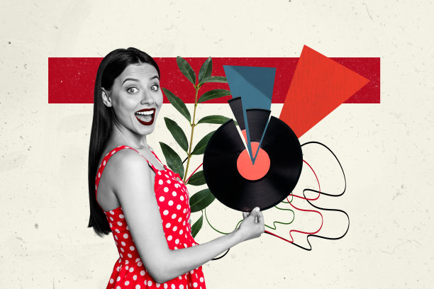 兴奋女孩手持复古黑胶唱片的拼贴照片，适合派对场合的娱乐活动，背景为涂鸦风格。图片下载