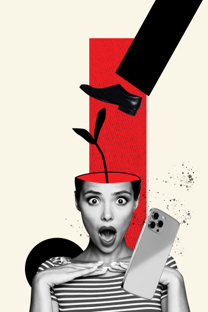 垂直照片拼贴，展示了一个害怕的女孩，头部被植物生长切割，腿部受损，表现出攻击性，手持手机，背景为涂漆的隔离色。图片下载