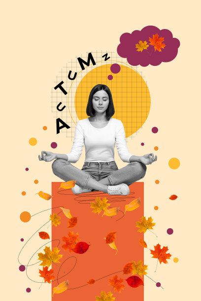 秋季字母的复合趋势艺术作品，照片拼贴，年轻女学生坐着瑜伽冥想，思考云朵与落叶。图片下载