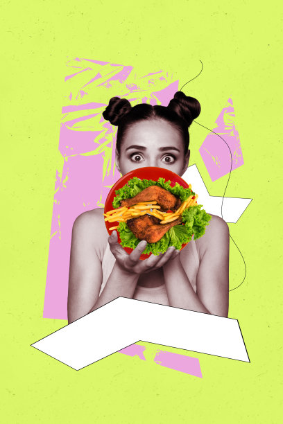惊讶的漂亮女孩手持盘子，盘中有鸡腿、薯条和生菜，营养丰富，垂直照片拼贴，背景为涂鸦风格。图片下载