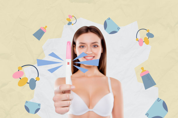 年轻女性开心微笑，手持怀孕测试工具，等待孩子的艺术合成素描照片拼贴。图片下载