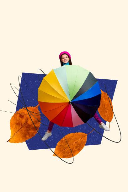 快乐女孩手持五彩斑斓的雨伞，秋季九月的树叶季节，垂直照片拼贴，背景为涂鸦风格。图片下载