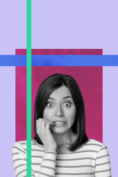 艺术图像，垂直照片拼贴，快乐漂亮可爱的女孩肖像，棕色头发，穿着休闲T恤，甜美梦境图片下载