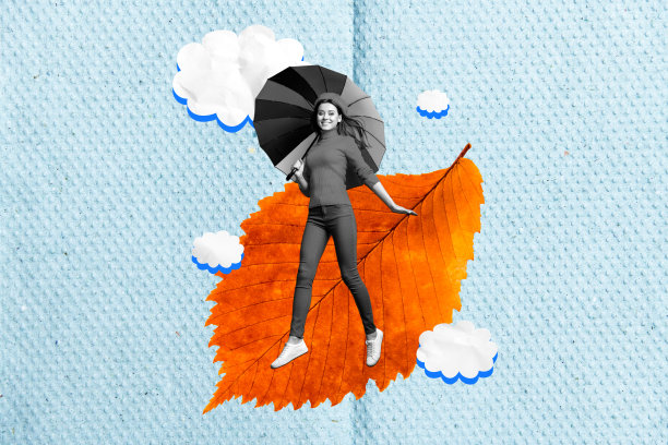 快乐女孩在秋天的公园散步，手持雨伞，干燥的橙色树叶，氛围独特，背景为涂鸦风格的合成照片拼贴。图片下载