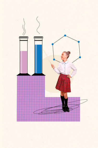 复古风格的拼贴画，描绘化学课上教女孩的场景，学校日常、购物、儿童教育概念，杂志广告、漫画、简约风格。图片下载