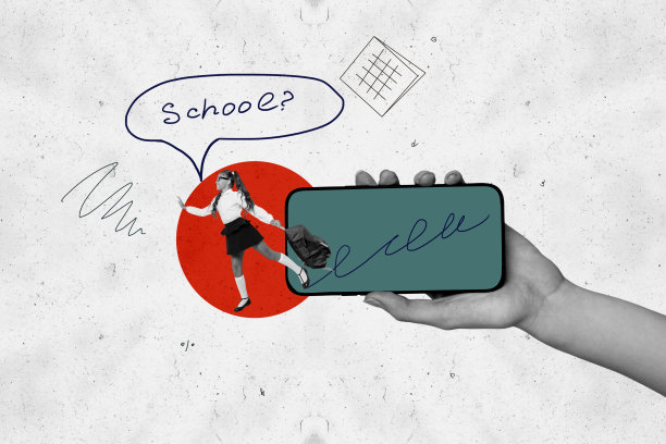 快乐的青春女孩在九月一日的散步中，手持iPhone屏幕，背景为涂鸦风格的画面，展示小学教育的拼贴照片。图片下载