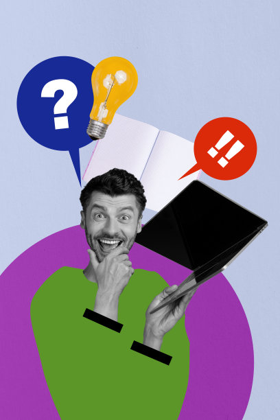 快乐男人的垂直照片拼贴，思考解决方案，手持笔记本电脑和灯泡创意，文本框和计划者，头脑风暴，背景为涂鸦风格。图片下载
