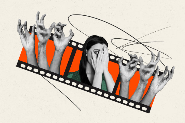 害怕的女孩用手势躲藏的合成照片拼贴，电影胶带，万圣节恐怖电影传统，背景涂鸦。图片下载