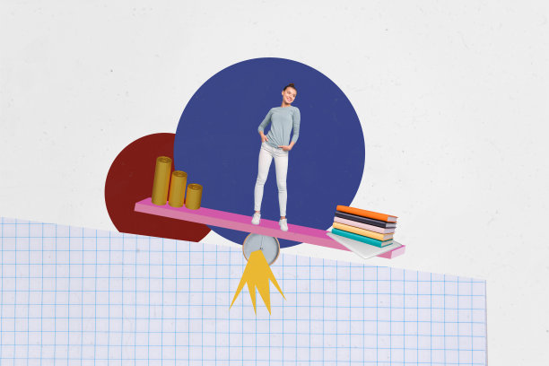 快乐女孩站在比较天平上，手持硬币、收入、笔记本和时间钟表的合成照片拼贴，背景为涂鸦风格。图片下载