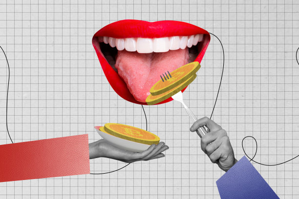 女性嘴巴舔比特币钱币叉子吃富有商业交易者代币加密货币的拼贴照片，背景为涂鸦风格。图片下载