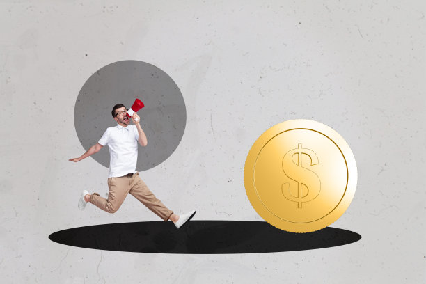 现代流行风格的横幅照片拼贴，展示快乐的商业伙伴，男孩女孩站在美元硬币旁，象征资本、收入和利润。图片下载