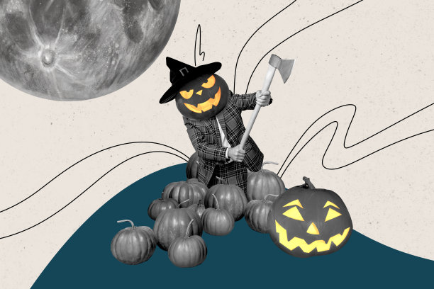 匿名男子的拼贴照片，头部是雕刻的南瓜，手持斧头，表现出连环杀手的万圣节气氛，背景为涂鸦风格。图片下载