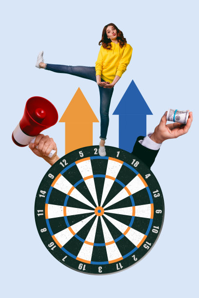 现代照片拼贴，快乐的女商人和男商人站在目标旁，庆祝赌场大奖的胜利，手持扩音器。图片下载